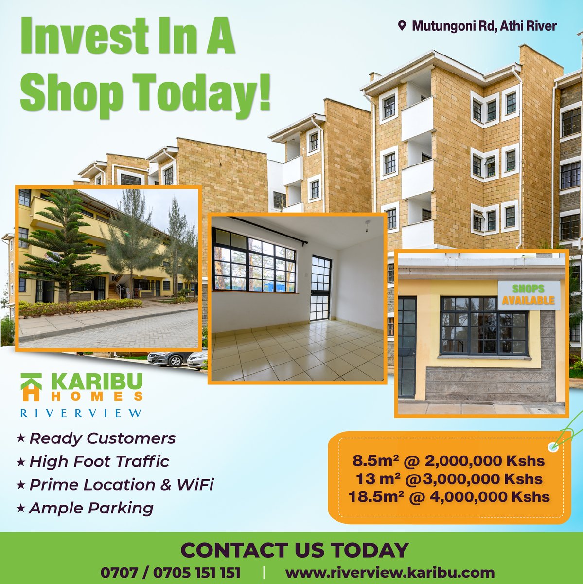 We have shops available for sale, starting from Kes2.0m
The shops are within the Karibu Homes Riverview gated Community comprising of 573 apartments of 1,2&amp;3 bedroom apartments starting from Kes3.5m.Call us on 0707-151515 for more details and to schedule a site visit