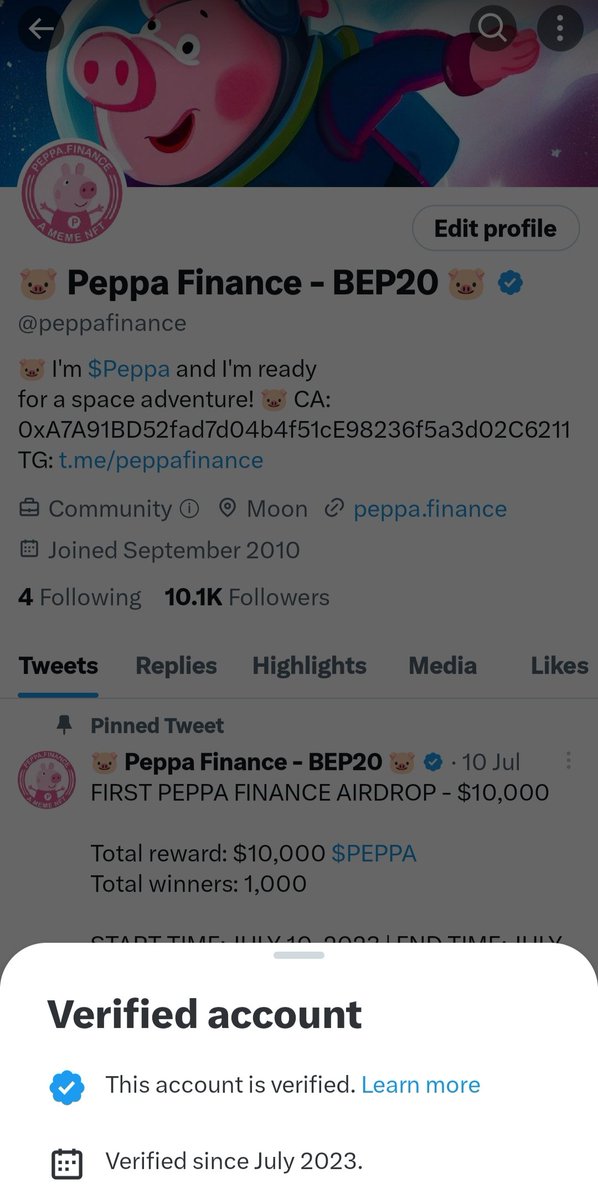 $PEPPA is now verified by Twitter with a blue checkmark. This is huge for PEPPA and her fans. Don’t miss this opportunity to join the peppa revolution. 

Thank you papa Elon for your endorsement.  🚀🐷💕

💎 Contract: 0xA7A91BD52fad7d04b4f51cE98236f5a3d02C6211