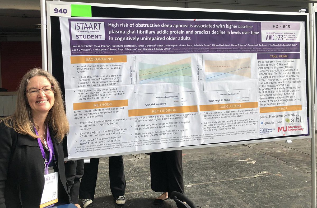 Are you interested in the relationship between OSA and GFAP? Come visit me at stand 940 today. @AAIC2023 <a href="/SleepPIA/">Sleep and Circadian Rhythms</a> <a href="/cha_murdoch/">Centre for Healthy Ageing</a>