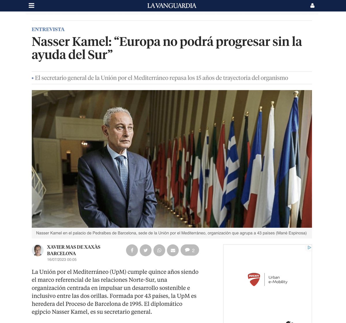 UfMSecretariat's tweet image. 🎙️ Entrevista de @masdexaxas al Secretario General de la #UpM, Nasser Kamel, para @LaVanguardia : “Europa no podrá progresar sin la ayuda del Sur”

lavanguardia.com/internacional/…