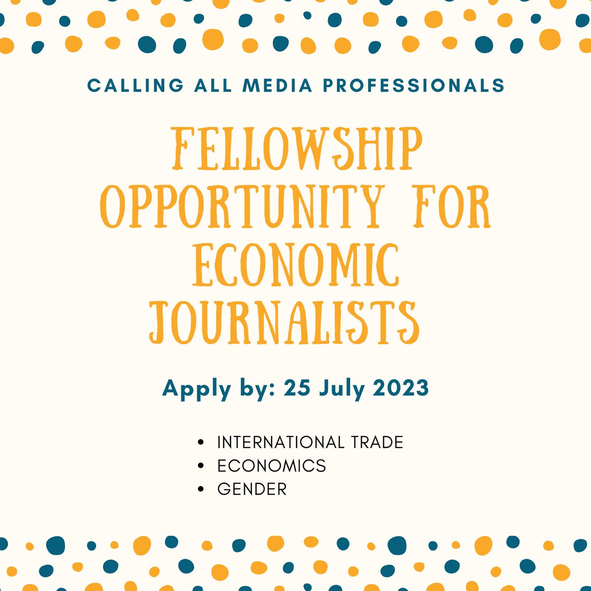sawteenp's tweet photo. 📢2 months long fellowship opportunity for economic journalists!
💡Dive deep into international trade, economics, gender &amp; contribute to the public's understanding of critical economic &amp; trade issues.

⚠️ Deadline: Jul 25, 2023
🔗 Learn more &amp; apply: https://t.co/Jt6qIzo8TV https://t.co/l4hCQ9yBSW