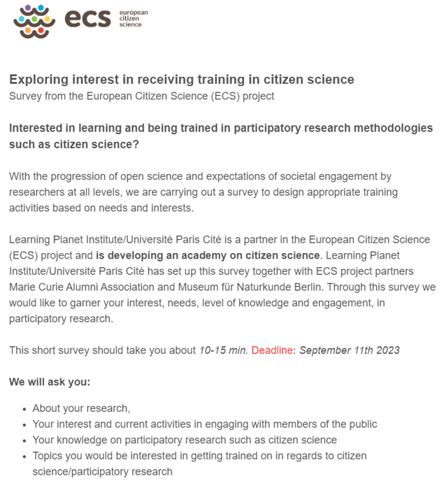 Interested in learning and being trained in participatory research methodologies such as #citizenscience? The @Mariecurie_alum and @EUCitSciProject want to hear from you! Have your voice heard by filling in the survey below, and share your thoughts! mariecuriealumni.qualtrics.com/jfe/form/SV_cZ…