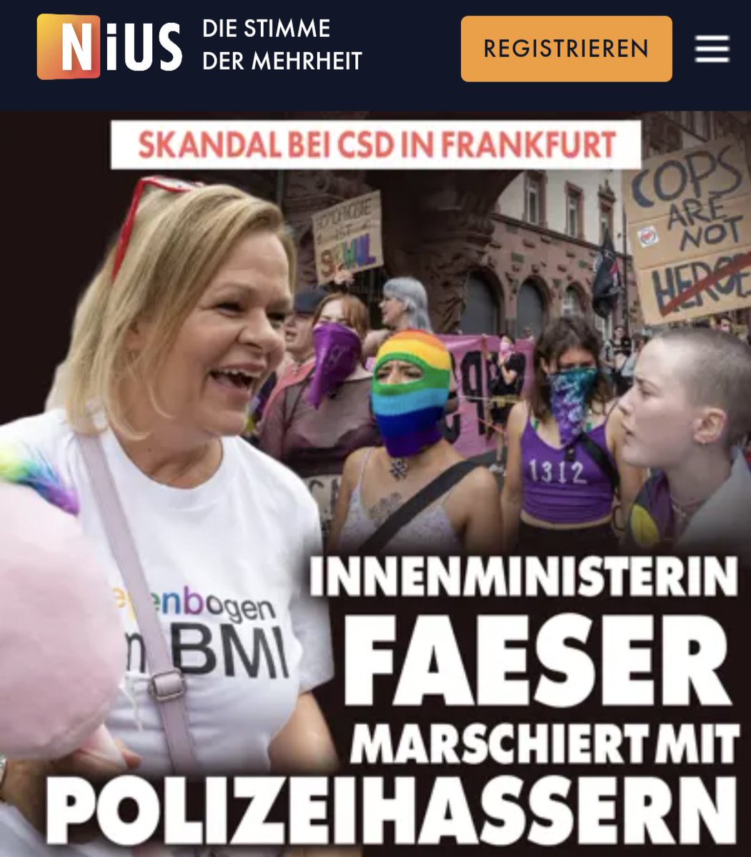 jreichelt's tweet photo. Innenministerin Nancy Faeser demonstriert beim CSD Seite an Seite mit Polizei-Hassern, die "ACAB"-Parolen tragen, die Polizei "abschaffen" wollen und den Beamten den "Kampf" ansagen. Die Frau ist als Innenministerin untragbar. Sie gehört sofort gefeuert! https://t.co/XY56WS0l3g https://t.co/ChXOWUgnga