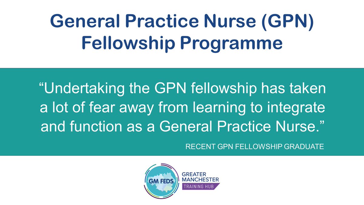 Greater Manchester Training Hub (@gmtrainhub) on Twitter photo The General Practice Nurse (GPN) Fellowship is here to support you on your professional journey.
It is a two-year programme that supports the transition into primary care.
Information on how to apply here 👉 gmthub.co.uk/our-programmes…
#NurseFellowship #PrimaryCare #GPNs The General Practice Nurse (GPN) Fellowship is here to support you on your professional journey.
It is a two-year programme that supports the transition into primary care.
Information on how to apply here 👉 gmthub.co.uk/our-programmes…
#NurseFellowship #PrimaryCare #GPNs