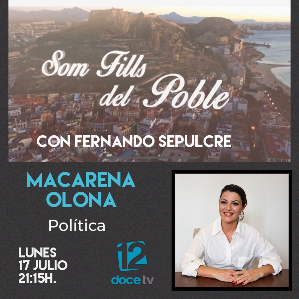 Esta noche, a las 21:15h, en 12TV, entrevista a <a href="/Macarena_Olona/">Macarena Olona</a>  en Som Fills del Poble.
Como buena alicantina, veréis a una Macarena cercana que hablará del programa electoral que tanto defendemos, porque es así, un programa real, con las necesidades reales de los ciudadanos.