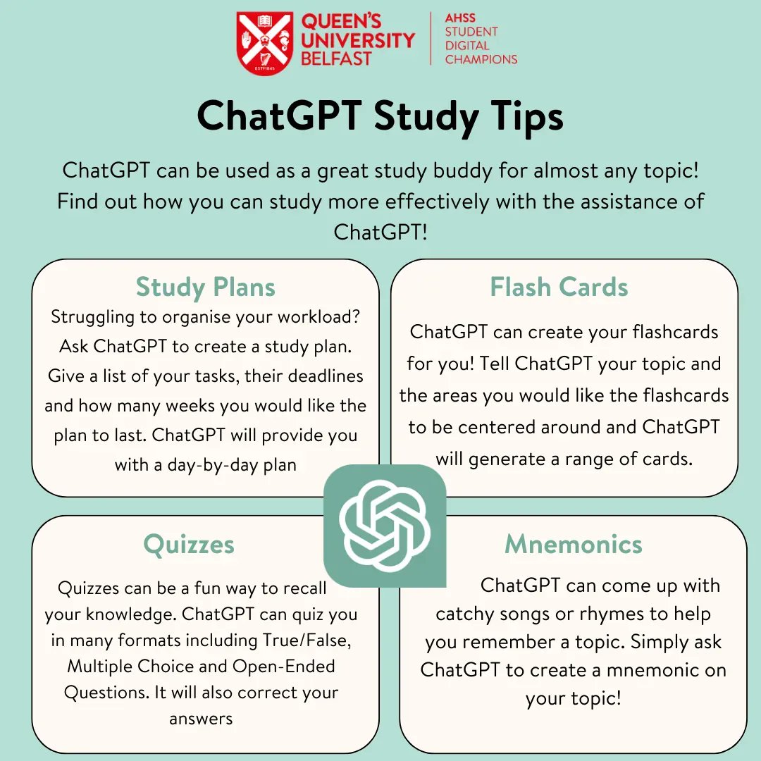 ChatGPT: Top Study Tips 

Did you know you can use ChatGPT as your personal study buddy? ChatGPT can help you study for any topic or module!