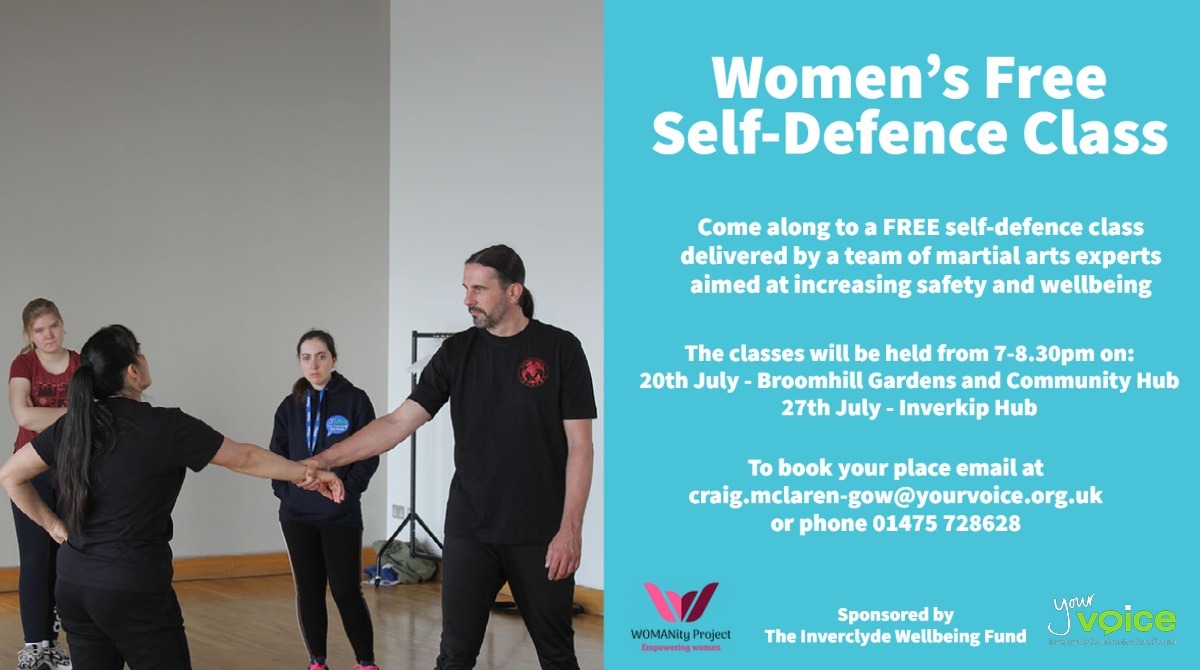 Your Voice Inverclyde (@yourvoiceinver) on Twitter photo Come along to our final two FREE Women's Self-Defence sessions to learn self-defence techniques in a welcoming and supportive environment!
Book now! craig.mclaren-gow@yourvoice.org.uk, 01475 728628
<a href="/WomanityProject/">WOMANITY PROJECT</a> <a href="/InverclydeHSCP/">Inverclyde HSCP</a> <a href="/inverclyde/">Inverclyde Council</a> <a href="/InWorkHub/">Broomhill Gardens and Community Hub</a> #selfdefence #Inverclyde Come along to our final two FREE Women's Self-Defence sessions to learn self-defence techniques in a welcoming and supportive environment!
Book now! craig.mclaren-gow@yourvoice.org.uk, 01475 728628
<a href="/WomanityProject/">WOMANITY PROJECT</a> <a href="/InverclydeHSCP/">Inverclyde HSCP</a> <a href="/inverclyde/">Inverclyde Council</a> <a href="/InWorkHub/">Broomhill Gardens and Community Hub</a> #selfdefence #Inverclyde