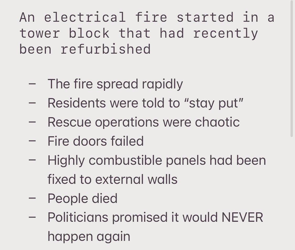 BUT THIS WASN’T GRENFELL!!! This was Lakanal House, Southwark, London in 2009! Lessons weren’t learned. Residents were ignored. Politicians broke promises. The Grenfell happened. What an absolute disgrace! State neglect. Corporate wrongdoing. Lack of care. Negligence. #Grenfell