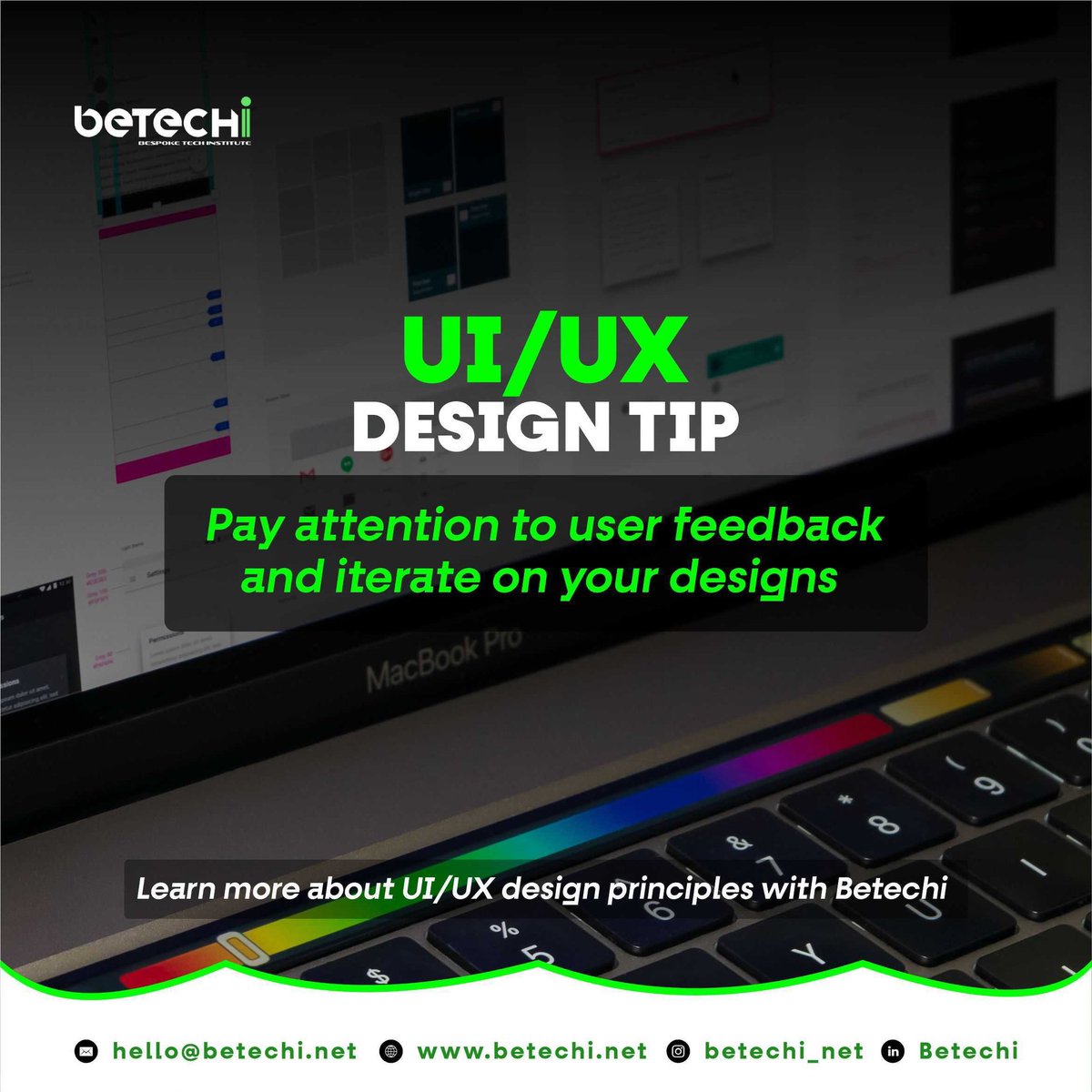Great designs are built on user feedback. 
At Betechi, we teach you how to create user-centric designs that meet users' needs and expectations. 

You can learn the best practices now with BETECHI💡

 #DesignTips #Betechi #ui #UIDesign #UXDesign #ux #usercentereddesign #cul