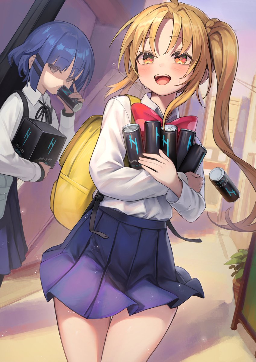 ijichi nijika multiple girls 2girls skirt side ponytail shirt blue hair monster energy  illustration images