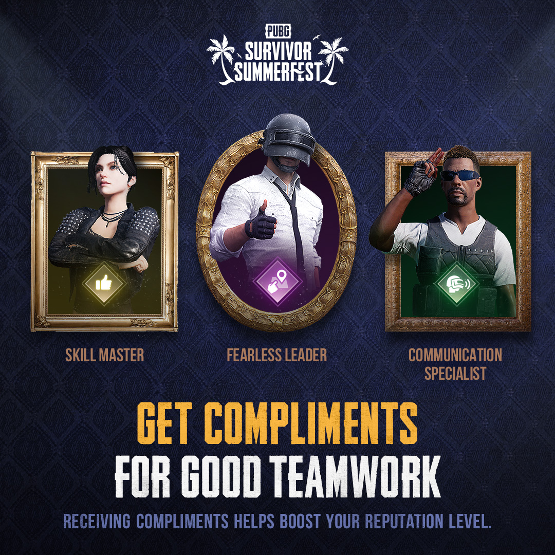 PUBG's tweet image. Have you complimented your teammates today?
Let's foster an environment of better in-game behavior with the new Reputation System. 👍
Manners, Maketh, Survivors. 😎
Learn more in Update 24.2 Patch Notes👉 pubg.com/en/news/6453
#PUBG #BATTLEGROUNDS #ReputationSystem