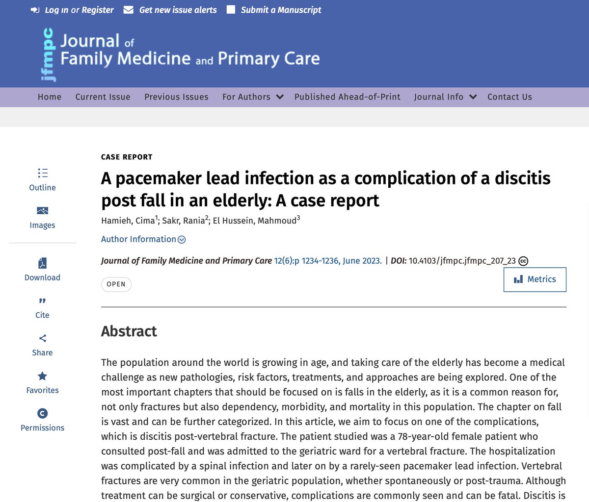 MahmudElHussei1's tweet photo. 2 new published articles:
-PM Lead Infection as a Complication of a Discitis Post Fall
Published in the Journal of Family Medicine and Primary Care
-Can mRNA vaccine against COVID-19 cause pancytopenia? 
Published in the Intercontinental Journal of Emergency Medicine 
@CymaHamieh https://t.co/7pMzidiKmt