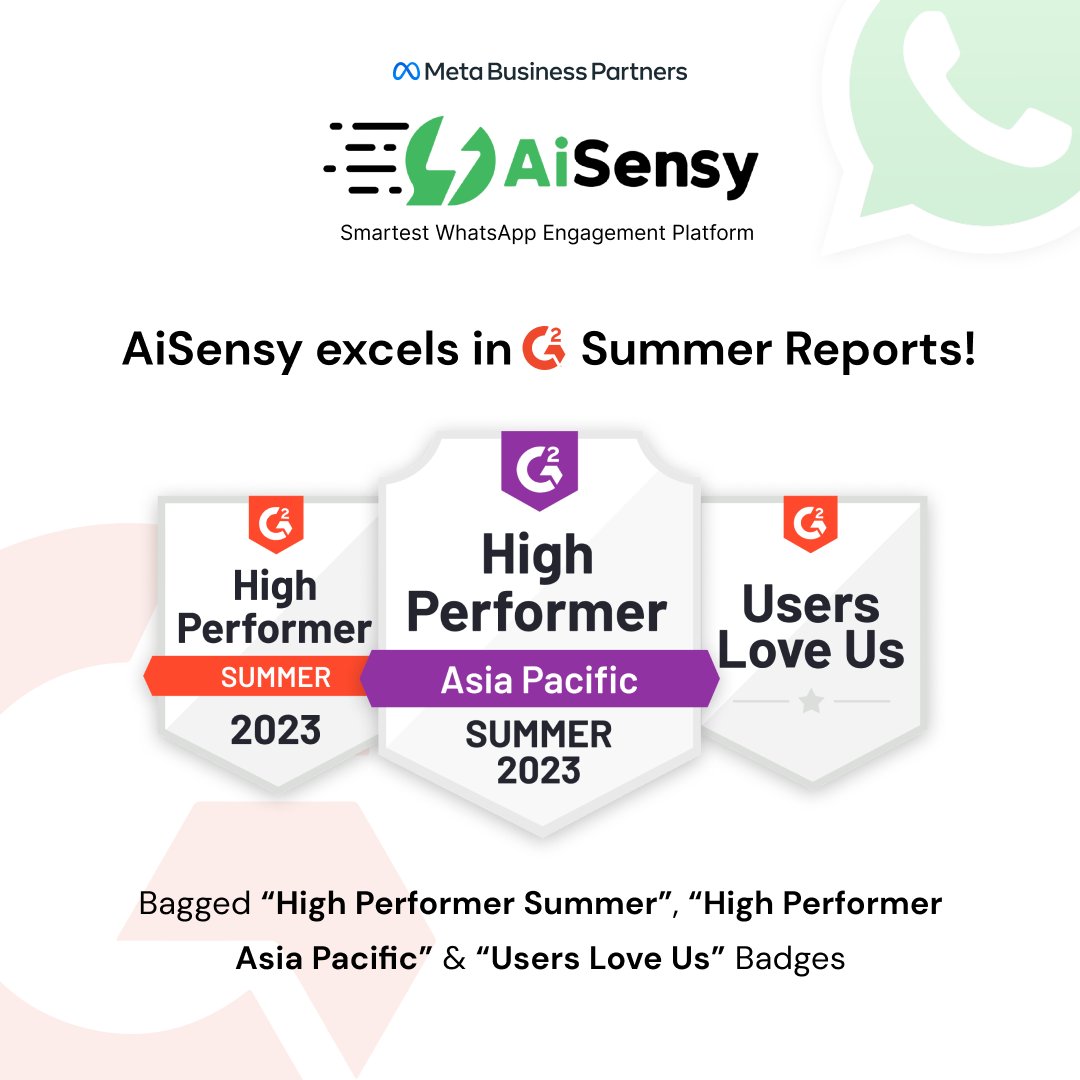 We're thrilled to announce that AiSensy has been honored with not one, not two, but THREE prestigious badges from G2! 🏅

Your trust and support have brought us to this milestone! 🙌🤝

#g2awards #aisensy
