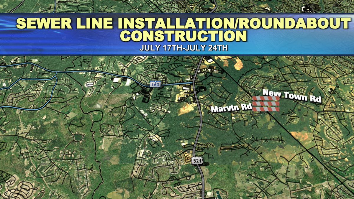 TrafficTeam9's tweet image. ALERT: New Town Rd. is scheduled to close at Marvin Rd. this morning through Monday for sewer line installation ahead of a separate closure to build a roundabout in the area at a different time.   #Waxhaw #UnionCo #clt #cltraffic #clttraffic