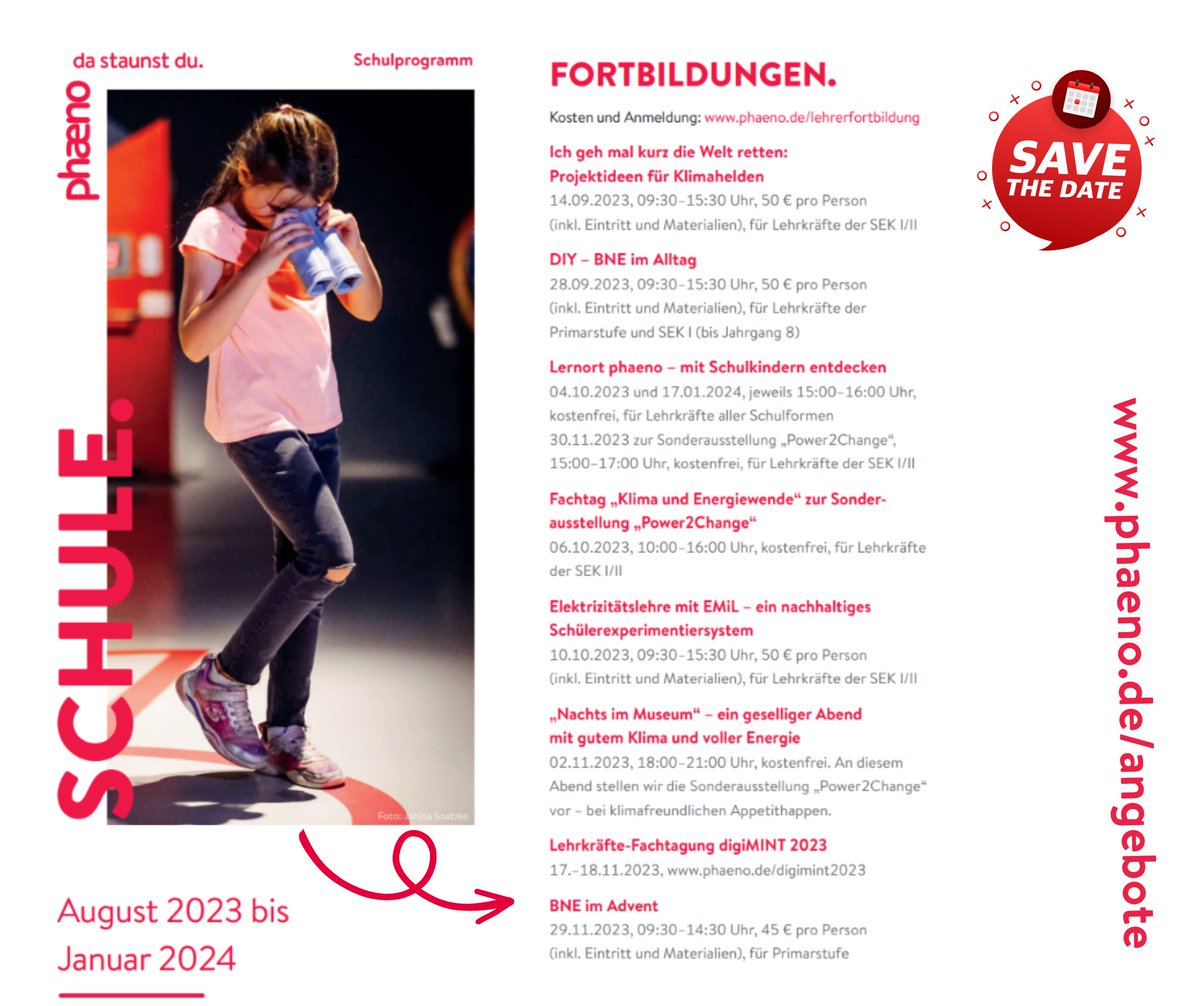 phaeno_WOB's tweet photo. #Schulprogramm 2023/2024 💡🗓️
Für alle, die schon einmal reinschnuppern wollen: Passend zum Curriculum findet ihr eine große Auswahl an #Fortbildungen über #Workshops für Klassen, Sonderausstellungen bis hin zu unserer Fachtagung #digiMint https://t.co/6svUTDNqx7 https://t.co/98TGDEldXQ