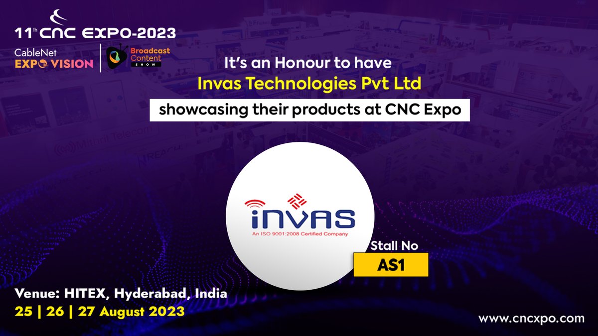 INVAS Technologies Pvt Ltd will be joining us as an exhibitor at Stall No. AS1. Make sure to visit their booth at HITEX, Hyderabad, India on 25-27 August 2023 to explore their innovative offerings and experience cutting-edge technology firsthand.
#cncexpo #expo #invas #networking