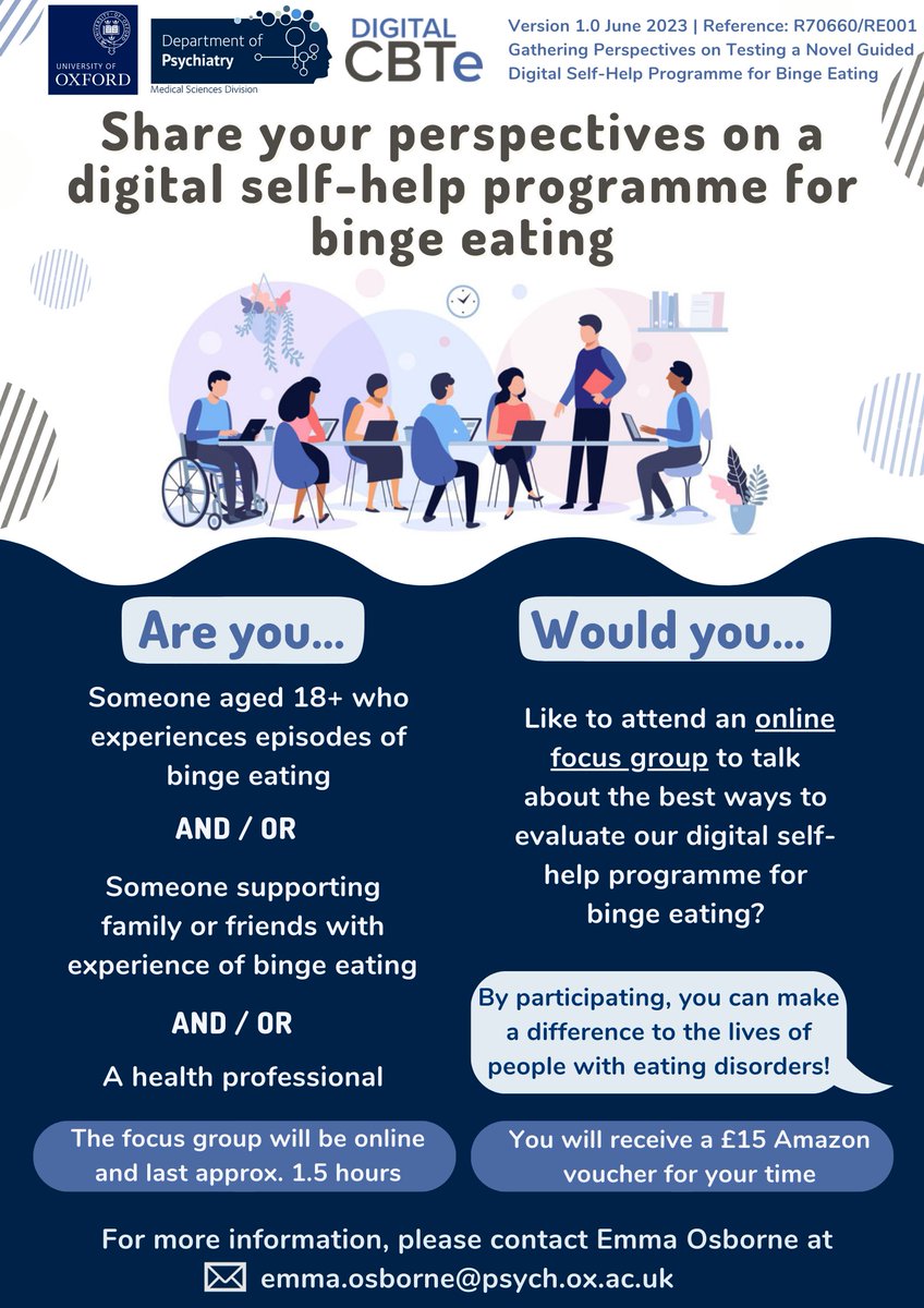 Rebecca murphy (@rebeccamurphyox) on Twitter photo Do you have lived experience of binge eating and/or are you a health professional with an interest in eating disorders? Would you like to take part in a focus group and help us with our research? Please retweet <a href="/OxPsychiatry/">Oxford Psychiatry</a> <a href="/OxfordBRC/">NIHR Oxford Biomedical Research Centre</a> Do you have lived experience of binge eating and/or are you a health professional with an interest in eating disorders? Would you like to take part in a focus group and help us with our research? Please retweet <a href="/OxPsychiatry/">Oxford Psychiatry</a> <a href="/OxfordBRC/">NIHR Oxford Biomedical Research Centre</a>