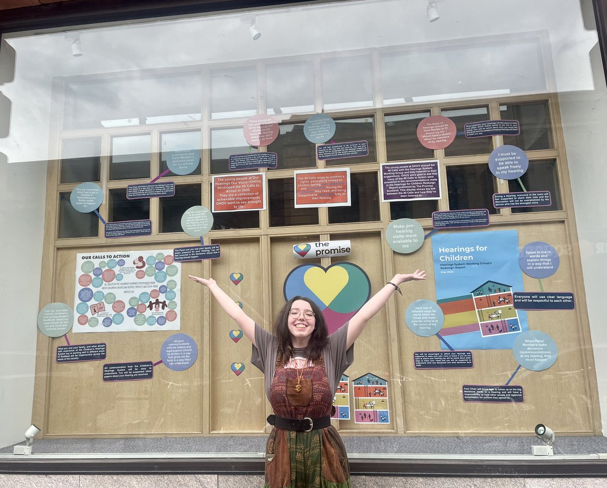 Board member Ciara spent her Friday putting together this fantastic window display at the @ChildReporter Glasgow hearings centre. The display highlights the links between the 40 Calls to Action and the recommendations made in the #HearingsForChildren report by @ThePromiseScot ❤️