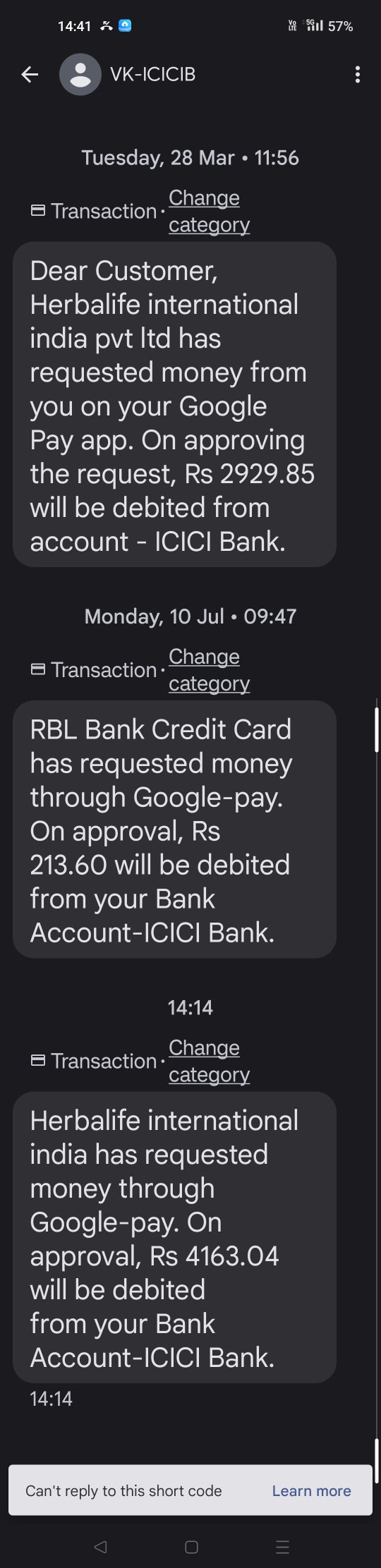 icici bank sms not received