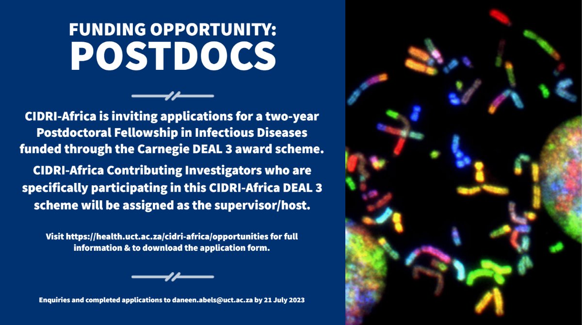 We're inviting applications for a Postdoctoral Fellowship in the area of infectious diseases, funded through the Carnegie DEAL 3 award scheme. Visit health.uct.ac.za/cidri-africa/o… for all the details. Deadline 21/07
#PostDocPosition #Postdoctoral