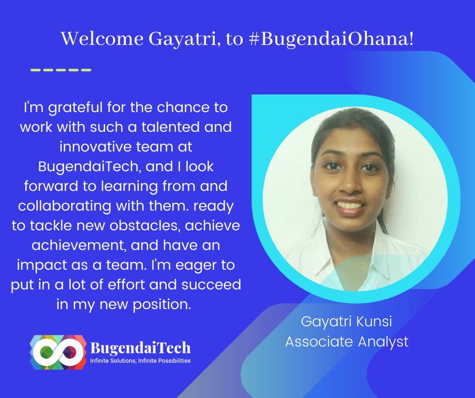 BugendaiTech's tweet photo. A warm welcome Gayatri Kunsi, to our #BugendaiTech team as #AssociateAnalyst!
Let's create a lasting impact on our organization's #growth and #success together.
#NewHire #employeeengagement #work #experience #development #CompanyCulture #DiversityAndInclusion #bugendaiohana https://t.co/1MY1d3tq2W
