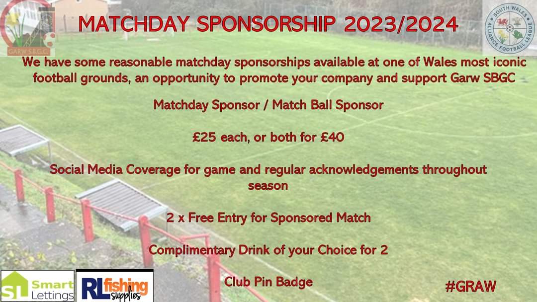 Garw S.B.G.C (@garw_sbgc) on Twitter photo MATCHDAY SPONSORSHIP
We are looking for Matchday Sponsorship for our first 2 home games
29/7/23 - JD Welsh Cup - v Cardiff Bay
12/8/23 - Alliance League - v Aberfan FC
If you are interested in any of these opportunities, please contact us or <a href="/Daisamuel2/">Dai samuel</a> on here MATCHDAY SPONSORSHIP
We are looking for Matchday Sponsorship for our first 2 home games
29/7/23 - JD Welsh Cup - v Cardiff Bay
12/8/23 - Alliance League - v Aberfan FC
If you are interested in any of these opportunities, please contact us or <a href="/Daisamuel2/">Dai samuel</a> on here