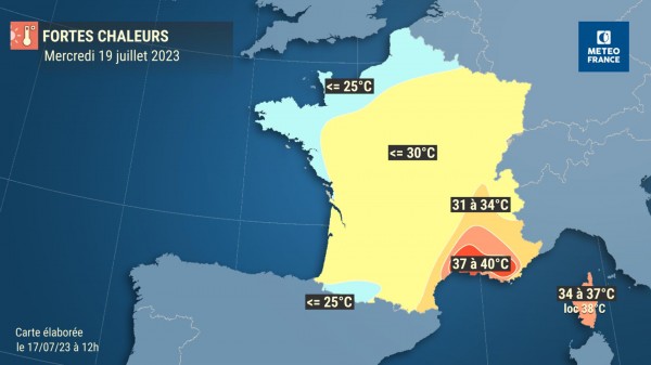 🌡️#Températures prévues jusqu'au mercredi 19 juillet ⤵️

🟢🟡🟠🔴#Vigilance #Canicule 
👉Suivez l'évolution de la situation et restez informés : 
vigilance.meteofrance.fr