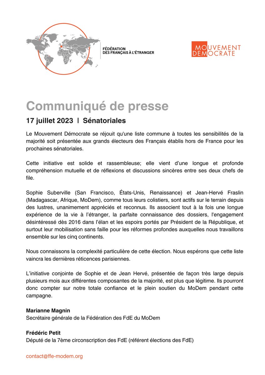 MoDem_MDFE's tweet image. Sénatoriales 2023 - Communiqué de presse

Le MoDem se réjouit qu&apos;une liste commune à toutes les sensibilités de la majorité soit présentée aux grands électeurs des Français établis hors de France.

@LartilleuxSuber @JeanHerveF #Sénatoriales23
@MoDem @MarianneMgn @fpetitAN
