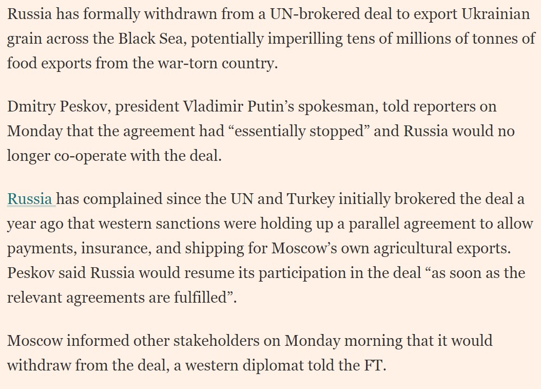 elerianm's tweet image. The @FT re "Russia pulls out of Black Sea grain deal."
This is particularly relevant for #DevelopingCountries as the likely global price effect will be compounded by supply availability challenges given that the deal "has allowed some 32.9mn metric tonnes of food to be exported