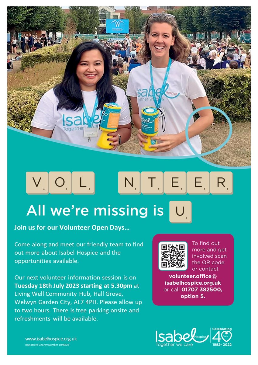 Join the @IsabelHospice Volunteering Meet and Great in W.G.C. on Tuesday 18th July at 5.30pm.
They are looking for assistance in various roles from, helping in the charity shops to fundraising at events.

Check out the poster.

#VolunteeringWelHat #VolunteerCentre