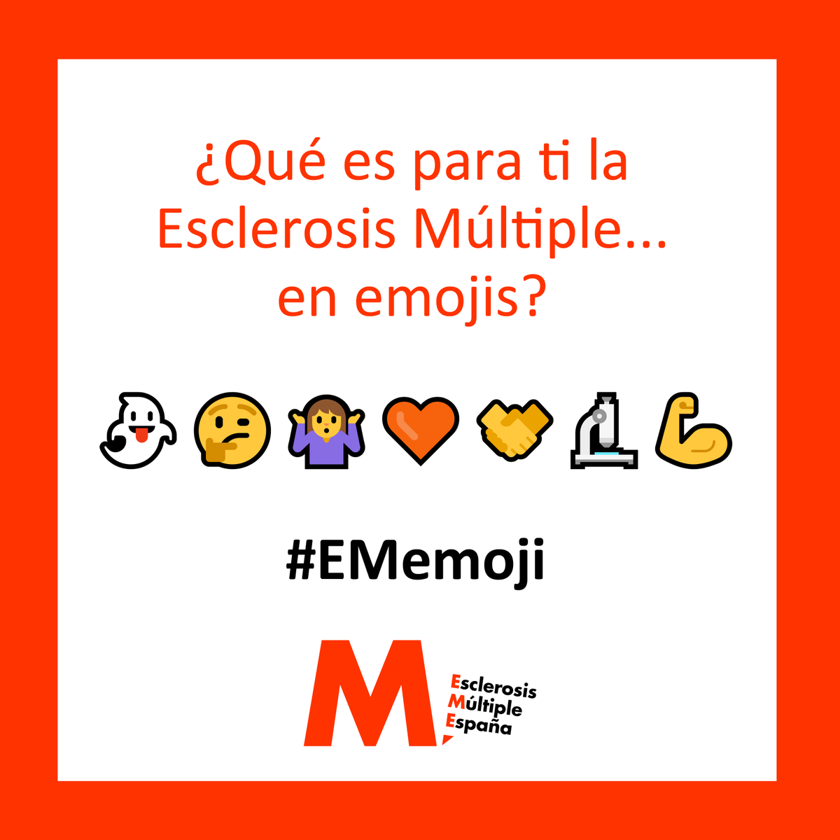esclerosiseme's tweet photo. Hoy, por el #DiaMundialDelEmoji, proponemos un reto: ¿Te animas a expresar qué es la #EsclerosisMúltiple para ti usando únicamente emojis?

❗️Aquí va nuestra propuesta: 👻🤔🤷‍♀️🧡🤝🔬💪

👉Comenta tu respuesta con el hashtag #EMemoji https://t.co/BEQEGLqpvd