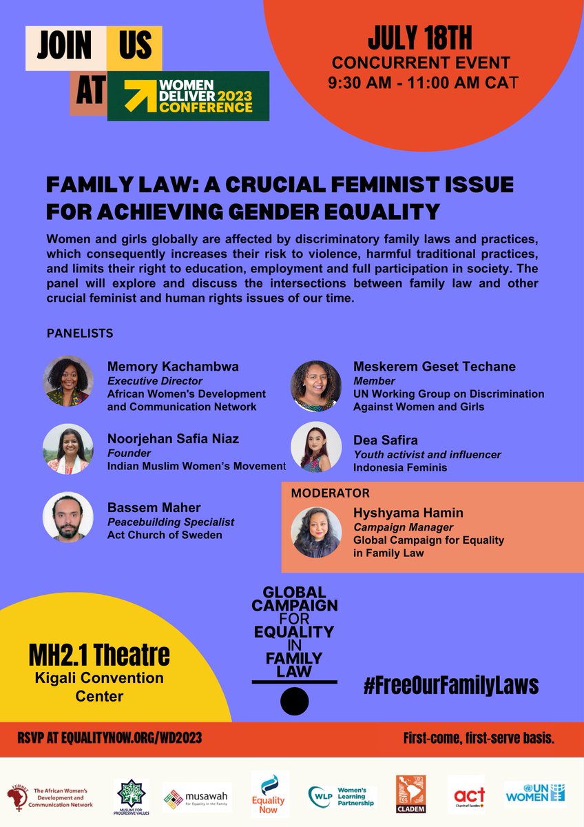 Happening tomorrow at #WD2023! Come join us for this exciting panel on 'Family Law: A Crucial Feminist Issue for Achieving Gender Equality' at 9:30am MH 2-1, KCC.
@WomenDeliver
@equalfamilylaws
@equalitynow
#FreeOurFamilyLaws