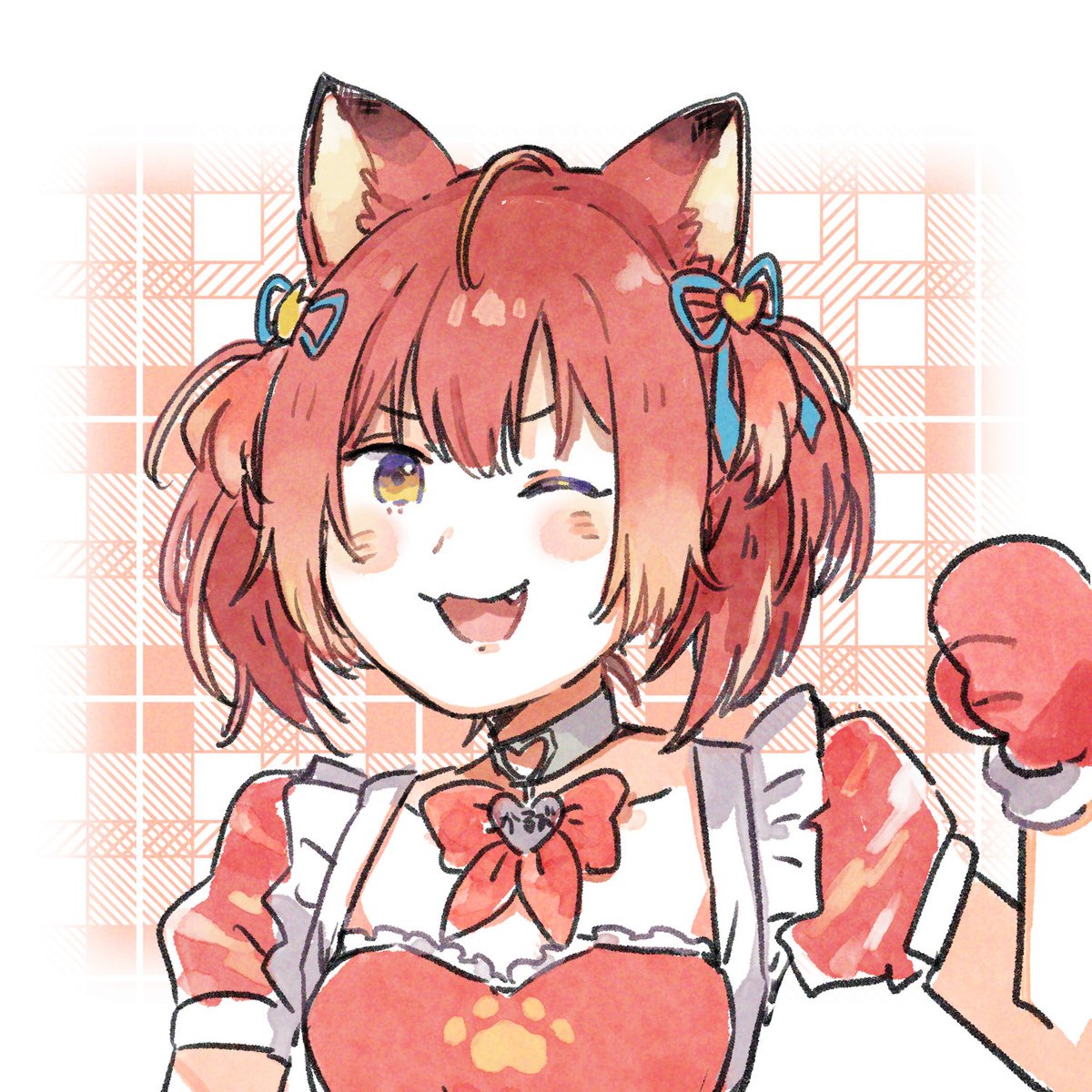1girl one eye closed animal ears solo smile fang bow  illustration images