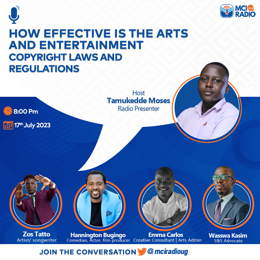 📢 Join us for a Twitter Space discussion on 'Effectiveness of Arts & Entertainment Copyright Laws' in Uganda
Today ⌚️8pm
share your thoughts, and gain insights into preserving creativity!  #CopyrightMatters #ArtsAndEntertainment