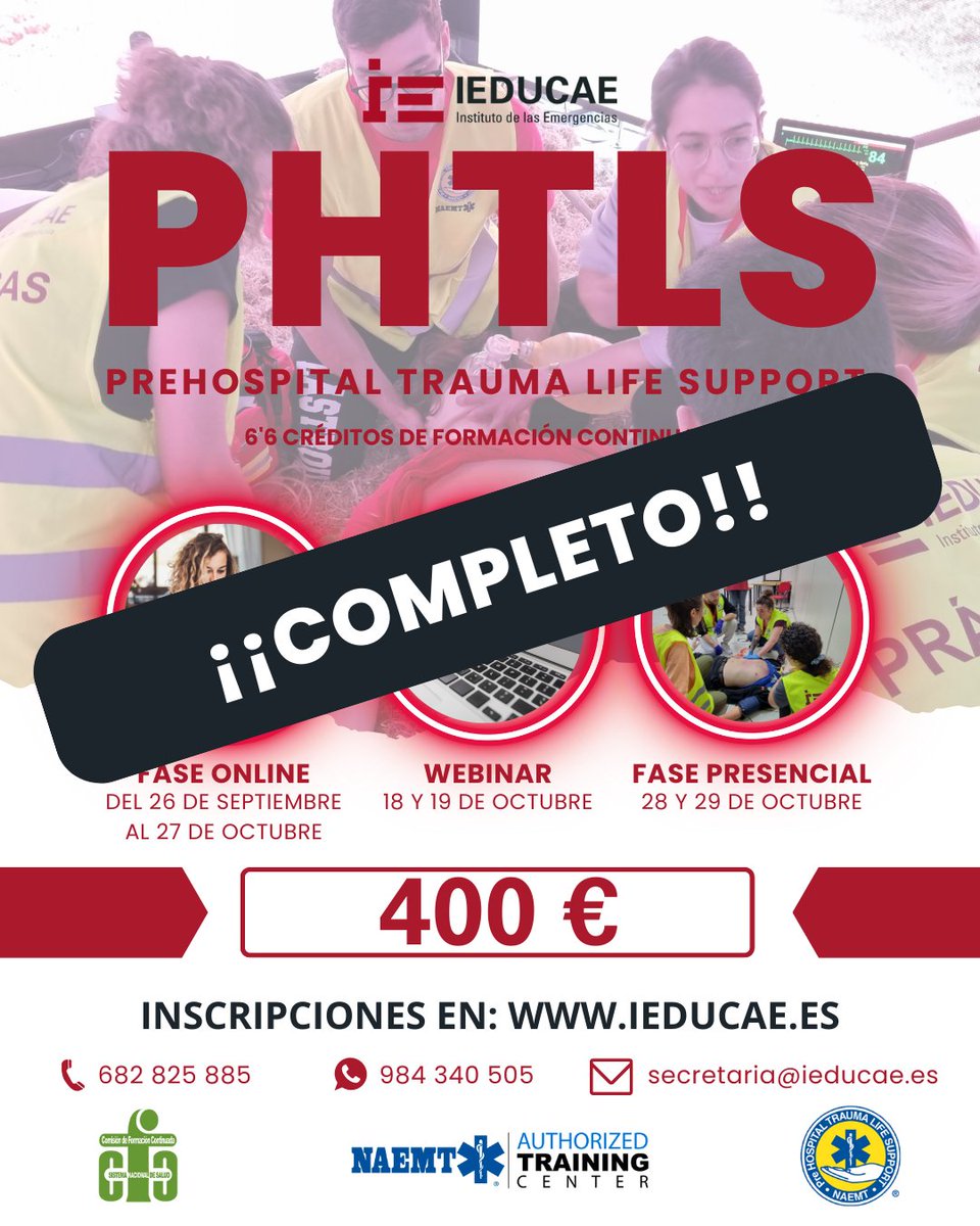 IEDUCAE - Instituto de las Emergencias (@ieducae) on Twitter photo No ha pasado ni una semana y nuestro curso PHTLS ya está COMPLETO 💥
Si no te has podido apuntar al curso y sigues interesado:
📧 Envíanos un correo a secretaria@ieducae.es para entrar en nuestra lista de reserva o para entrar directamente en la siguiente edición. No ha pasado ni una semana y nuestro curso PHTLS ya está COMPLETO 💥
Si no te has podido apuntar al curso y sigues interesado:
📧 Envíanos un correo a secretaria@ieducae.es para entrar en nuestra lista de reserva o para entrar directamente en la siguiente edición.