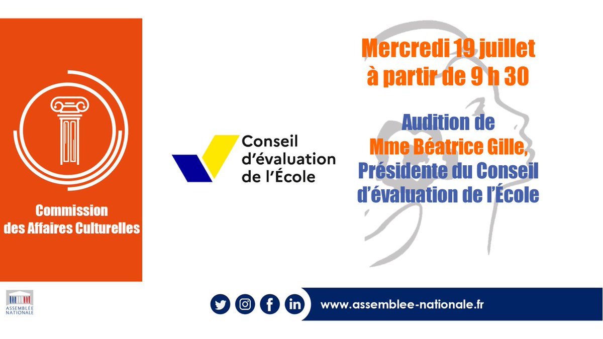 AN_AfCult's tweet photo. Demain matin, la commission #AfCultAN auditionne Mme @Beatrice_Gille, présidente du Conseil d’évaluation de l’école. https://t.co/3JI2ZwPVHW