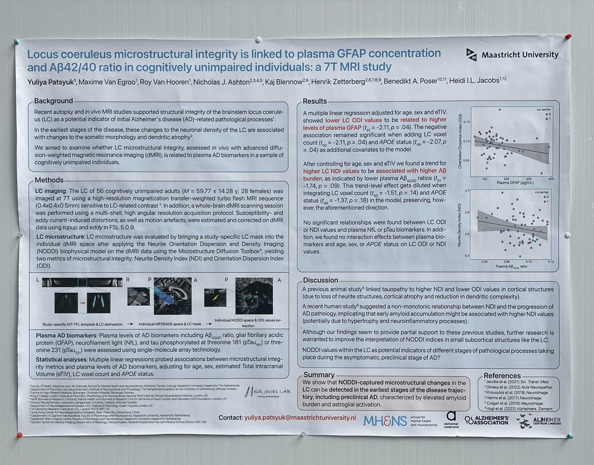 So great to meet researchers in the LC-NE tVNS field 🔵 with <a href="/elise_beckers/">Elise Beckers</a> and <a href="/yuliyapatsyuk/">Yuliya Patsyuk 🇺🇦</a> of <a href="/HeidiJacobsLab/">Heidi Jacobs Lab</a> .. fascinating to see plasma ptau231 + correlate with NE metabolites highlighting LC as initial tau deposition location 🧠 #AAIC23