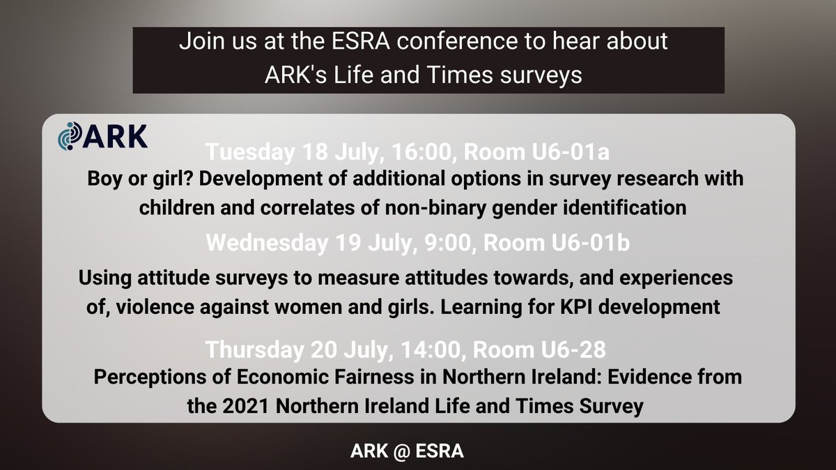 ARK_info's tweet photo. 📢The ARK team are delivering ⭐️three⭐️ presentations at the @ESRA conference this week. #ESRA23

The presentations are based on the Life and Times surveys (more details here - https://t.co/nJrBwwaqFz).

See presentation titles below ⬇️ https://t.co/uS92bWhMvi