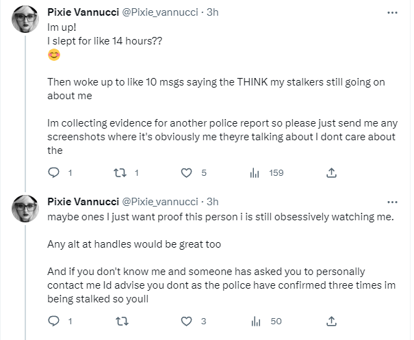 HarrisonNAuthor's tweet photo. Accusing people of stalking her, while simultaneously posting screenshots from accounts that have blocked her, and literally requesting people stalk her 'stalkers' *insert eye roll*

https://t.co/Av6Q6R1ZZn

https://t.co/OT2aKHCgzU

#hintforpixie https://t.co/fpojrakN9E