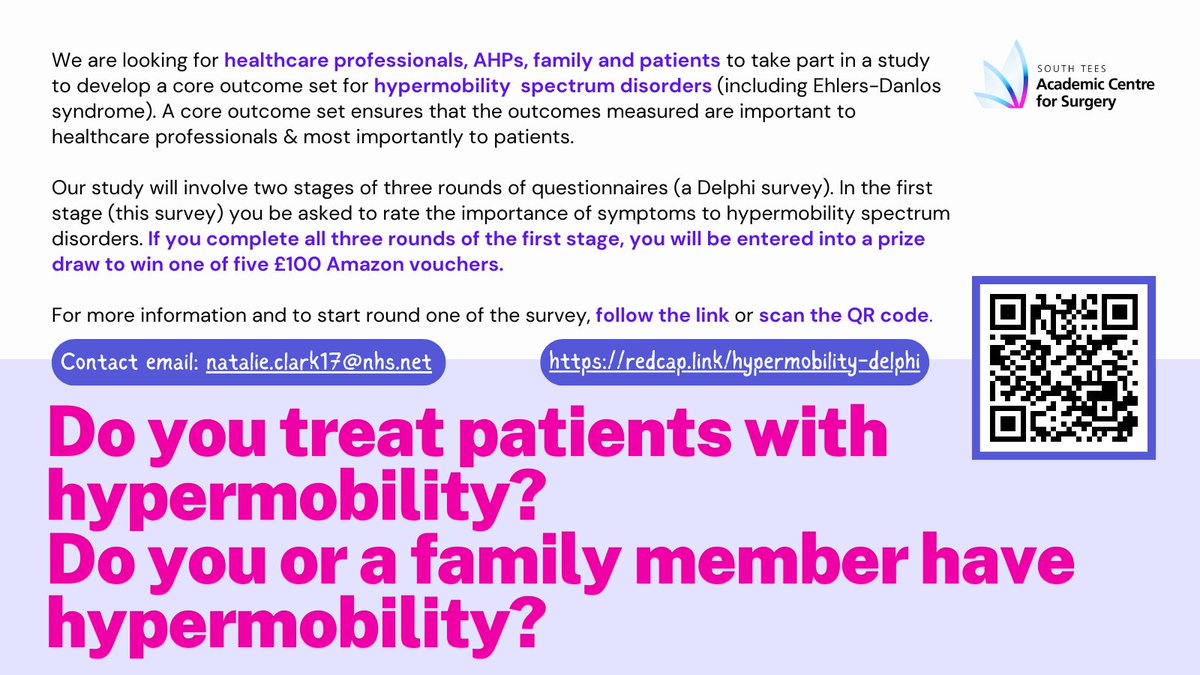 🚨Healthcare professionals &amp; patients NEEDED!🚨

Do you treat patients with #hypermobility spectrum disorders (HSD) or Ehlers-Danlos syndrome (EDS)? Do you or a family member have HSD or EDS? 

If yes, please consider completing our survey below!⬇️

redcap.link/hypermobility-…