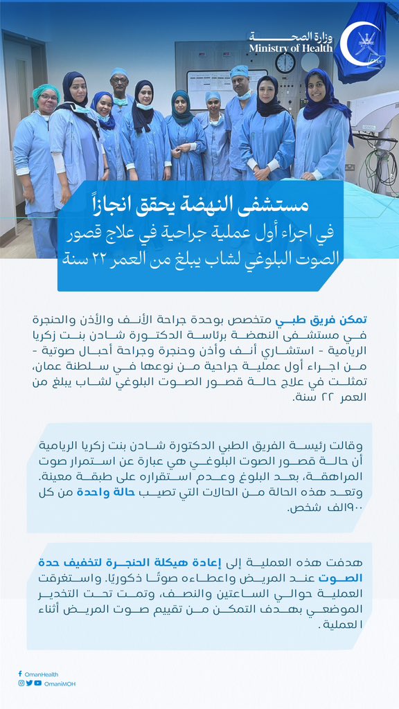 مستشفى النهضة يجري أول عملية جراحية من نوعها في سلطنة عُمان لعلاج قصور الصوت البلوغي

#صحة_رائدة_مستدامة_للجميع