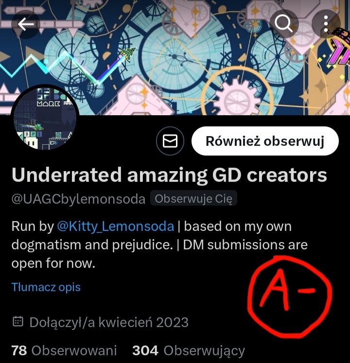 GradGDGimmAcc's tweet image. Underrated amazing GD creators specialises in featuring not well-known, but talented creators. This is a great concept that may encourage them to keep making their original and vibrant levels. This account does not have a consistent upload time, thus the grade is lowered a bit.
