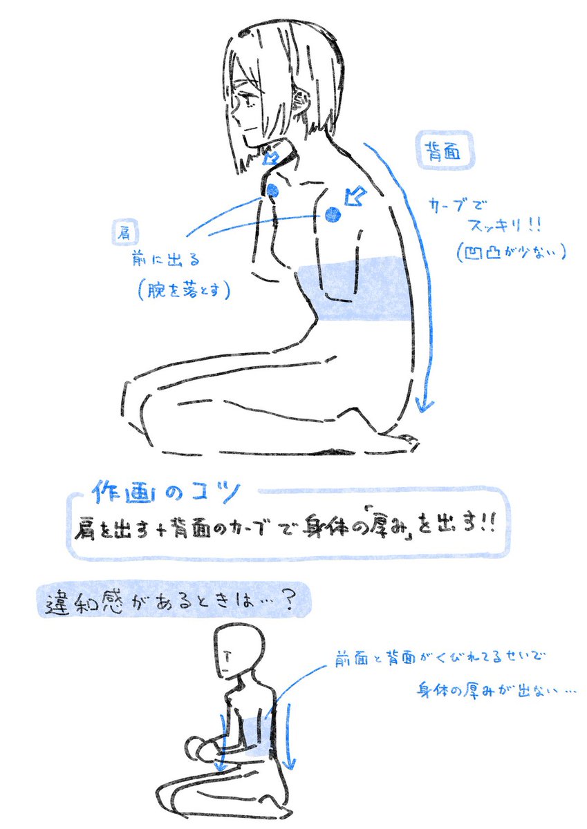 TIPS【座るポーズ】 キャラクターが座っているとき全般に使える、非常の汎用性の高いポーズです。 とくにプライベートのリラックスした状態のポーズなので、日常のシーンとして描くと説得力が出やすいです。  詳しくはこちら▼▼▼ 