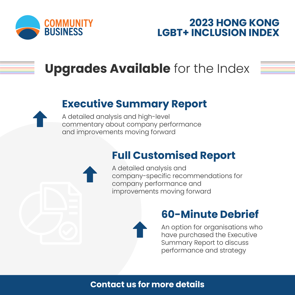 📣Upgrade Your Index Report
🏳️‍🌈2023 Hong Kong LGBT+ Inclusion Index
👉Find Out More:  ow.ly/cIzQ50PcF1W
----------------------
👉Executive Summary Report
👉Full Customised Report
👉60-Minute Debrief Session