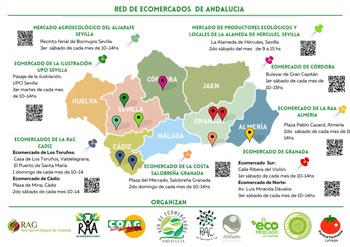 Hola a tod@s. Presentamos el mapa de la RED de ECOMERCADOS de ANDALUCÍA. Ubicación e información sobre todos los ecomercados de la comunidad.
@ecomercadodelaraa
 @ecomercadorag
 @ecomercadocordoba
@redagroecologicadecadiz 
 @ecomercadocoag
 @lareguertaecologica
 @tomatomatelavega