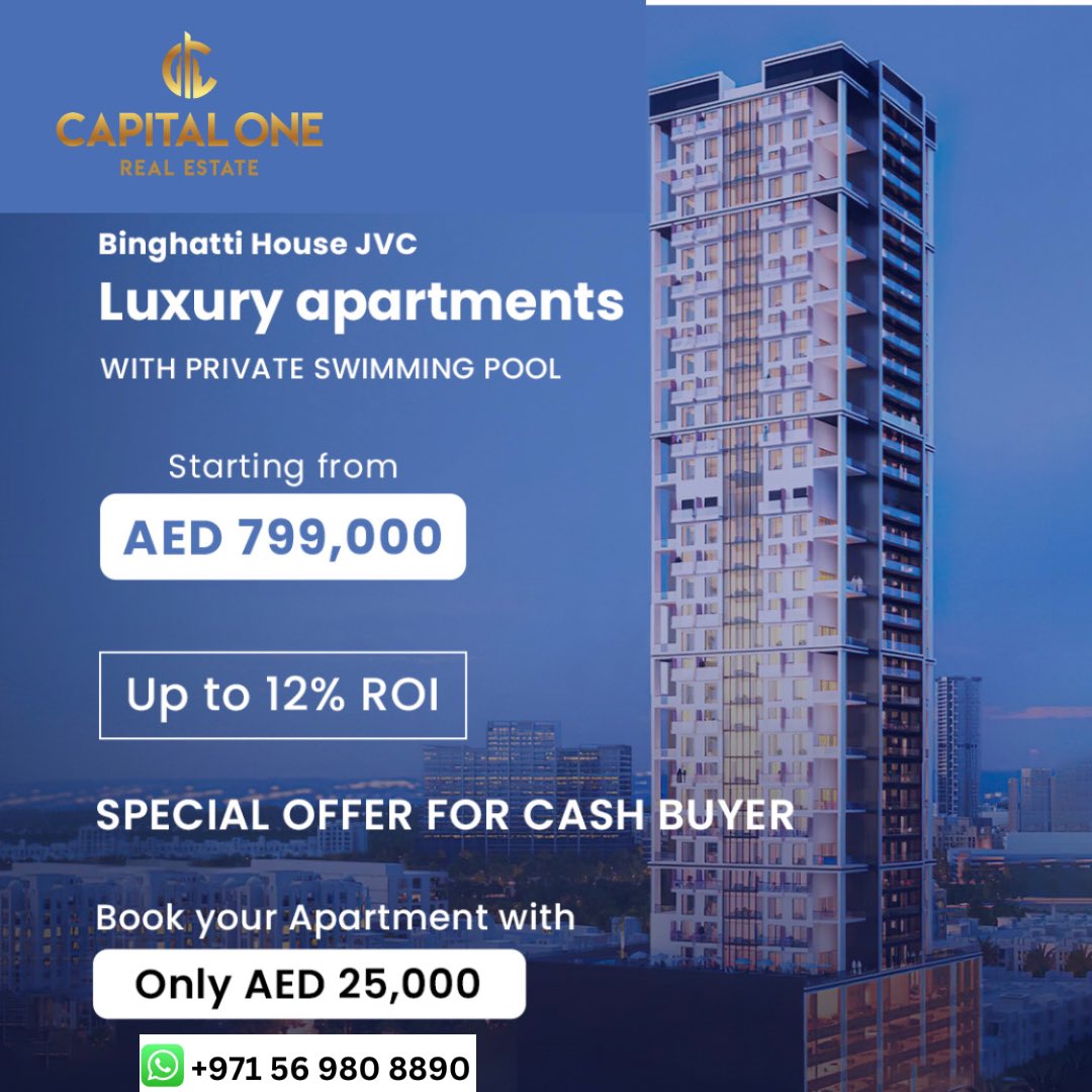 CapitalOneDubai's tweet photo. Discover luxury in Jumeirah Village Circle, Dubai! ✨ #BinghattiHouse offers opulent apartments, easy access to major destinations, &amp; incredible amenities. Book now with AED 25,000. Special offer for cash buyers!Up to 12% ROI. #LuxuryLiving #DubaiRealEstate #JVC #capitalonedubai https://t.co/2GBJF30N9N