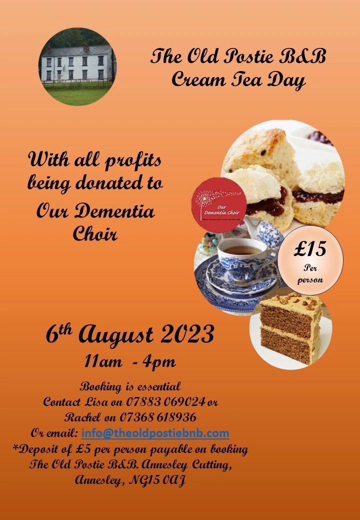 Rachel62784's tweet photo. Come join us on the 6th August from 11am - 4pm for our charity Cream Tea Day. 
£15 p/p. Profits will be donated to Our Dementia Choir (as seen on the BBC)
Booking deposit of £5 p/p
Contact us on 07883 069024 or 07368 618936
Email: info@theoldpostiebnb.com
@Vicky_McClure #dementia https://t.co/vXwjcD4S8K