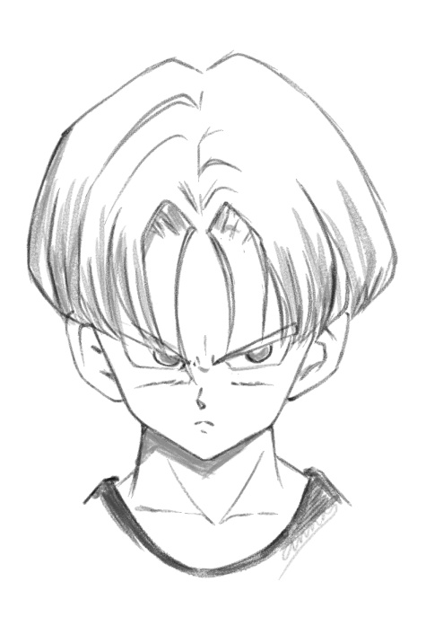 Malinannana's tweet photo. うろ覚えだけだとナンなので。
頑張って描いてみた #トランクス くん
触角が２本は当たってた？
私が描くとなんだろう、精悍さがない（笑

#ドラゴンボール https://t.co/pJcSts9L28