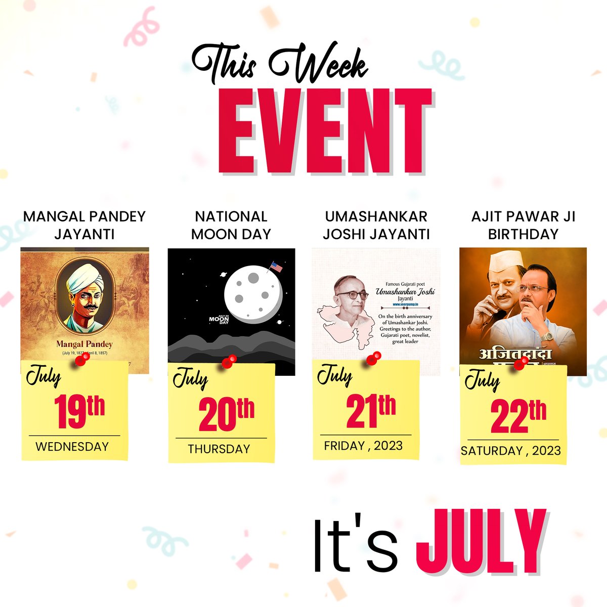 DigitalPostApp's tweet photo. THIS WEEK EVENTS..🤩🥳
.
#thisweekevent🎉 #eventoftheweek #weekendvibes #digitalpost #digitalpostmakerapp #mangalpandeyjayanti🙏 #nationalmoonday🌝🌚 #UmashankarJoshijayanti #ajitpawarhappybirthday #ect #festivalpost #festivalvideo #birthdaygreetings https://t.co/VpFUALjpPX