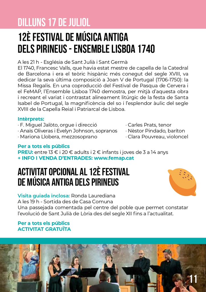 comusantjulia's tweet image. 🎶 El Festival de Música Antiga dels Pirineus @Festival_FeMAP arriba avui a la nostra parròquia 

🗓️ Ensemble Lisboa 1740 
📍 església 
🕘 21h 

➕ visita guiada, Ronda Laurediana, inclosa 

No t’ho perdis❗️

#FeMAP2023